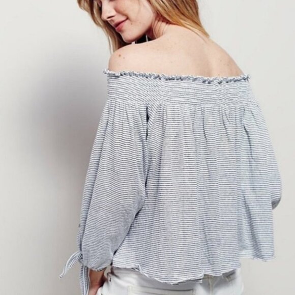 Free People Lexington Striped Off‎ Shoulder Top Size XS Black White Tie Sleeve - Picture 11 of 11